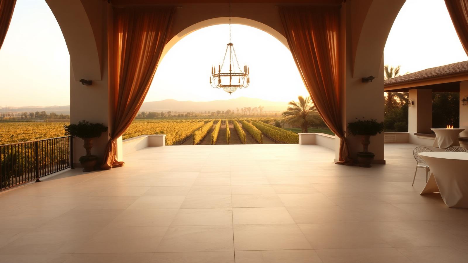 Elegante Hochzeitsterrasse mit Weinbergblick im Abendlicht